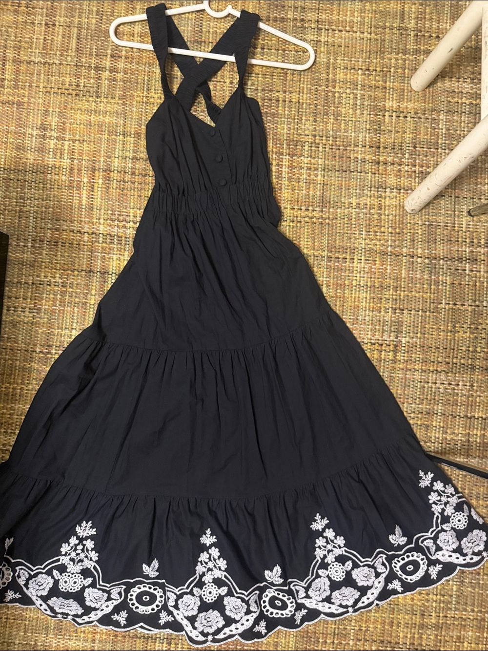 Zara Navy Maxi Sundress with White Floral Hem Embroidery